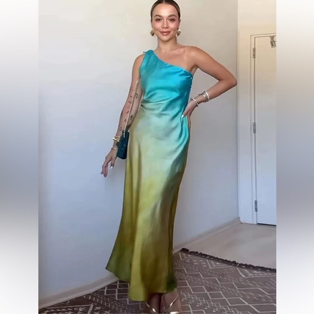 Zara Teal to Olive Satin Maxi Slip Dress